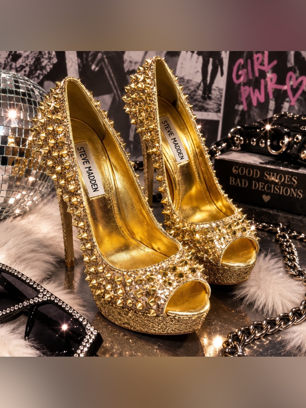 Steve Madden Gold Spike Embellished Peep-Toe Platform Pumps